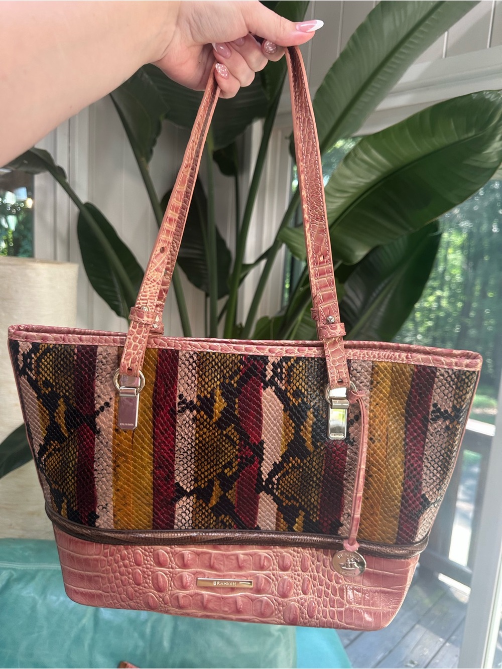 Brahmin Pink Croc-Trim Multicolor Snake-Print Tote